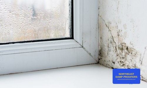 Condensation and black mould on a window reveal