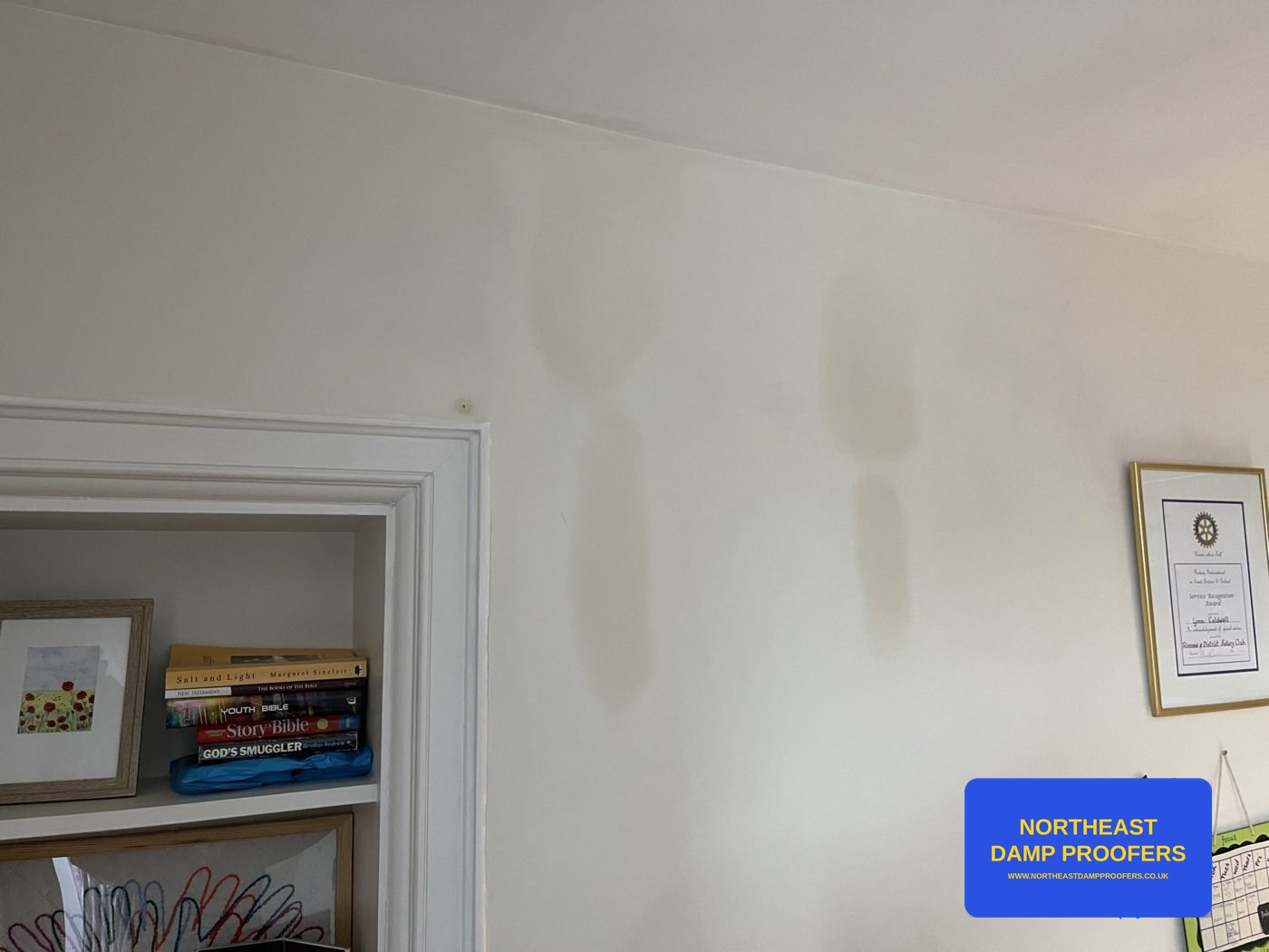 Penetrating damp water staining near a ceiling corner