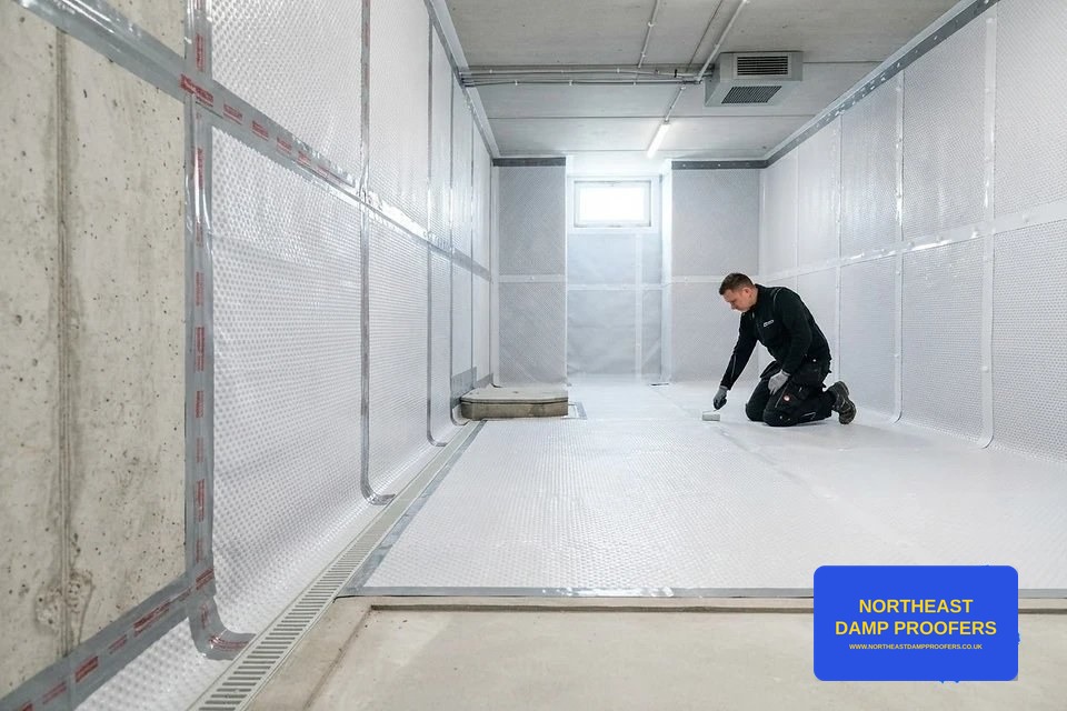 Cavity drain membrane waterproofing system fitted to a cellar wall and floor